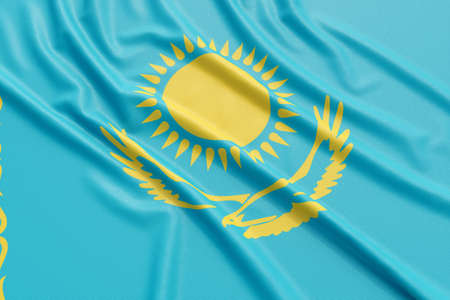 Kazakhstan flag. Wavy fabric high detailed texture. 3d illustration renderingの写真素材