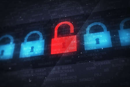 Security safety concept: Red opened padlock lock on digital screen. 3d rendering illustration....