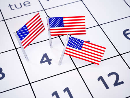 July 04 pinned on a calendar by american flag pins. Independence day concept. 3d rendering...
