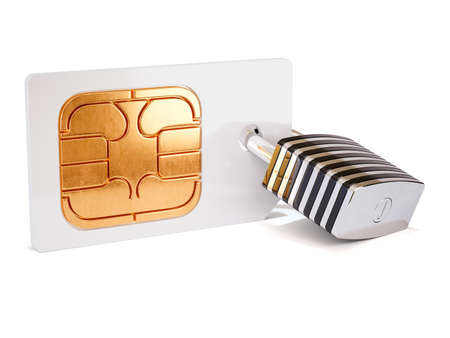 Simcard security protection concept. Sim card with padlock isolated on white background. 3d rendering illustrationの写真素材