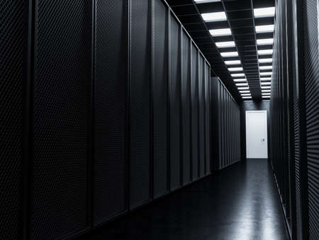 Dark server room big data center storage. Domain datacenter interior. Mining cryptocurency farm....