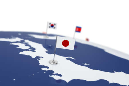 Japan flag. Country flag with chrome flagpole on the world map with neighbors countries borders. 3d illustration renderingの写真素材