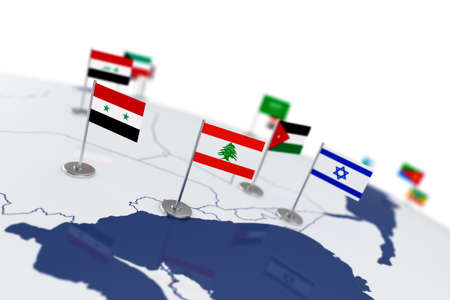 Lebanon flag. Country flag with chrome flagpole on the world map with neighbors countries borders....