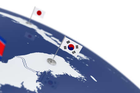 South Korea flag. Country flag with chrome flagpole on the world map with neighbors countries borders. 3d illustration rendering flagの写真素材