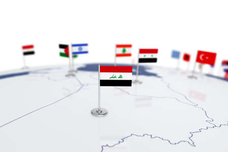 Iraq flag. Country flag with chrome flagpole on the world map with neighbors countries borders. 3d...