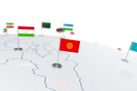 Kyrgyzstan flag. Country flag with chrome flagpole on the world map with neighbors countries...