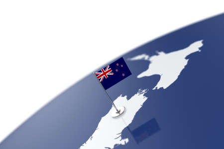 New Zealand flag. Country flag with chrome flagpole on the world map with neighbors countries borders. 3d illustration rendering flagの写真素材