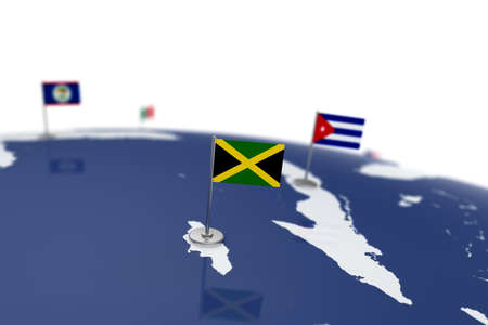 Jamaica flag. Country flag with chrome flagpole on the world map with neighbors countries borders....