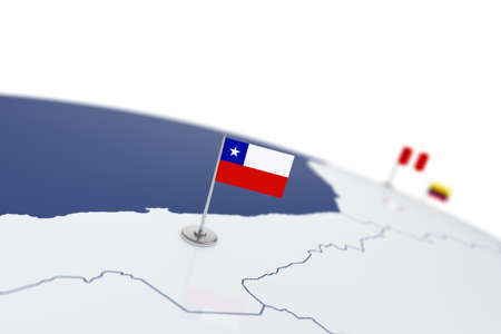 Chile flag. Country flag with chrome flagpole on the world map with neighbors countries borders. 3d illustration renderingの写真素材