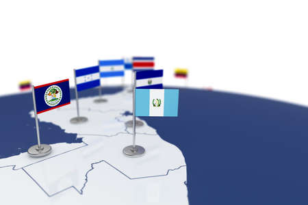 Guatemala flag. Country flag with chrome flagpole on the world map with neighbors countries borders....