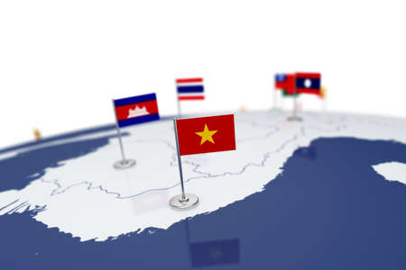 Vietnam flag. Country flag with chrome flagpole on the world map with neighbors countries borders. 3d illustration rendering flagの写真素材