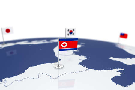 North Korea flag. Country flag with chrome flagpole on the world map with neighbors countries borders. 3d illustration rendering flagの写真素材