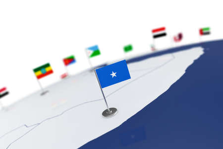 Somalia flag. Country flag with chrome flagpole on the world map with neighbors countries borders. 3d illustration rendering flagの写真素材