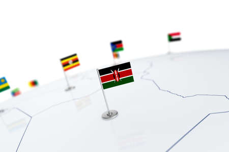 Kenya flag. Country flag with chrome flagpole on the world map with neighbors countries borders. 3d illustration rendering flagの写真素材