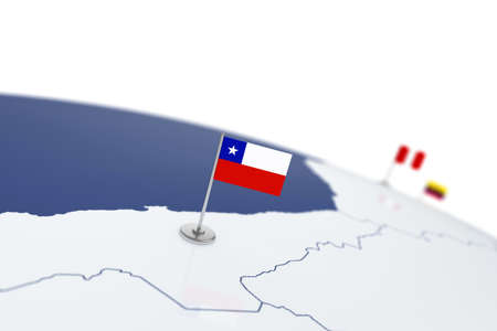 Chile flag. Country flag with chrome flagpole on the world map with neighbors countries borders. 3d illustration rendering flagの写真素材