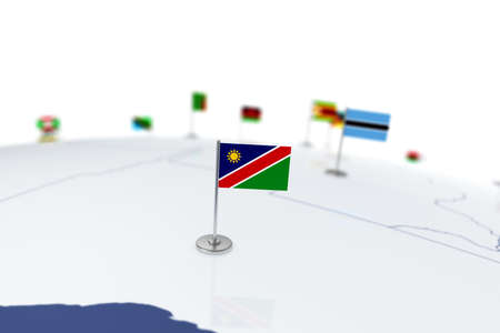 Namibia flag. Country flag with chrome flagpole on the world map with neighbors countries borders. 3d illustration rendering flagの写真素材
