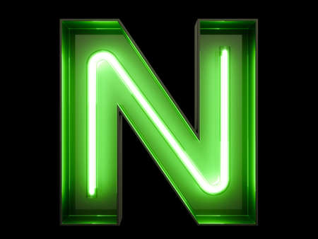 Neon green light tube in the shape of an alphabet N font.の写真素材