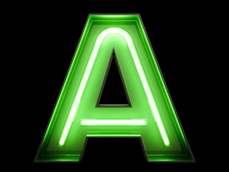 Neon green light alphabet character A font. Neon tube letters glow effect on black background. 3d renderingの写真素材