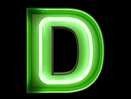 Neon green light alphabet character D font. Neon tube letters glow effect on black background. 3d renderingの写真素材