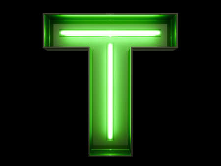 Neon green light alphabet character T font. Neon tube letters glow effect on black background. 3d renderingの写真素材
