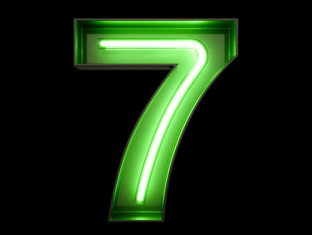 Neon green light glowing digit alphabet character 7 seven font. Front view illuminated number 7...