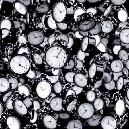 Black flying ringing alarm clocks, black and white time background concept. 3d rendering...