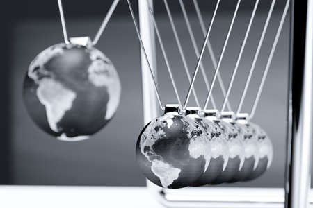 Newton pendulum with Earth globe metal chrome sphere. 3d rendering illustration