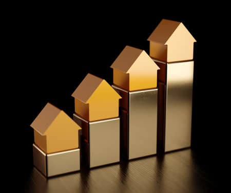 House golden bars chart graph. Growth in real estate. 3d rendering illustrationの写真素材