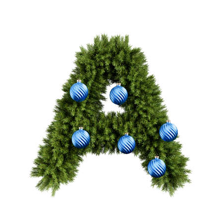 Christmas alphabet ABC character letter A font with Christmas ball. Christmas tree branches capital letters decoration type with Christmas sphere. Highly realistic 3d rendering illustration. Text font isolated on white backgroundの写真素材
