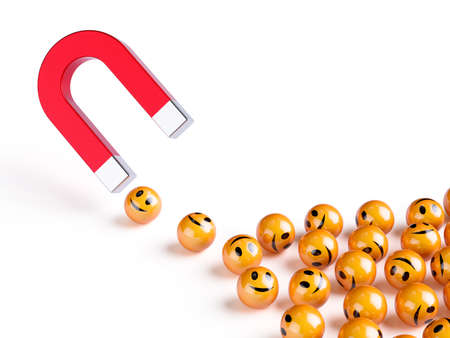 Horseshoe red magnet attracting smiles spheres. Happiness creativity concept. 3d rendering...