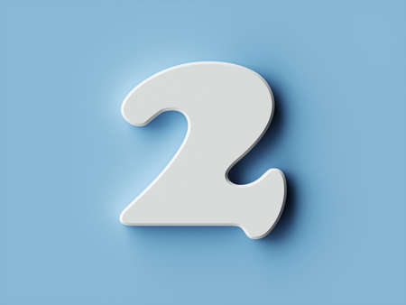 White paper digit alphabet character 2 two font. Front view number 2 symbol on a blue background. 3d...