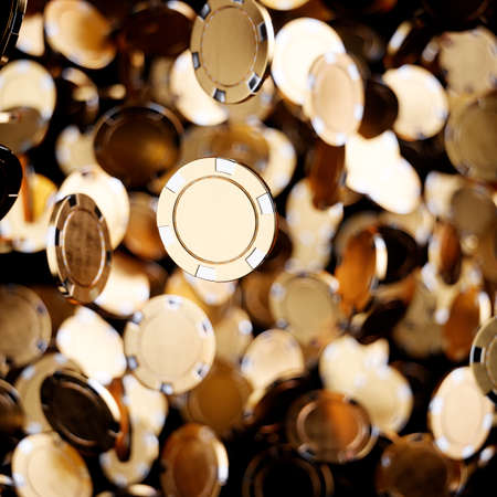 Gold casino poker chips flying on front of black background. 3d rendering illustrationの写真素材