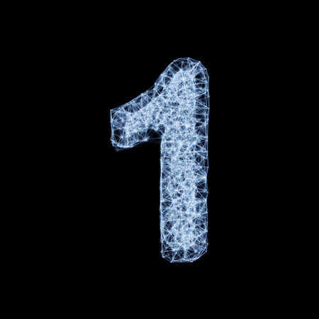 Abstract mesh line and point light digit number character 1 one font. Block chain digital link network technology illuminated shape. Big data node base concept glow effect on dark black background. 3d rendering illustrationの写真素材