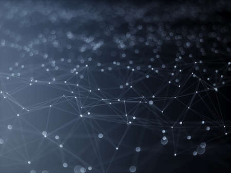 Abstract mesh line and point light block chain digital link network technology illuminated shape. Big data node base concept glow effect on black background. 3d rendering illustrationの写真素材
