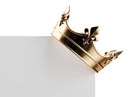 3d render of golden crown on the blank board. Isolated on white background