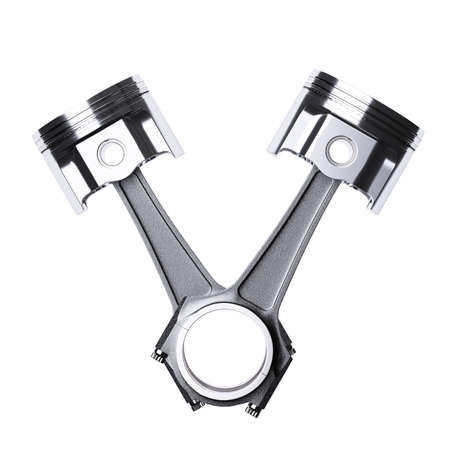3d rendering of engine pistons isolated on white background. V sign frontview concept
