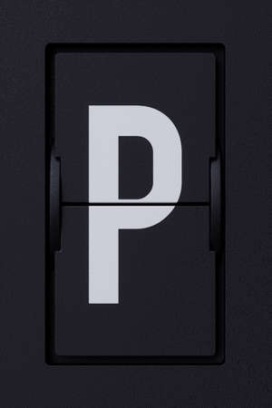 Airport mechanical flip board panel font.  Front view white ABC capital alphabet character letter P on dark background. 3d rendering illustrationの写真素材