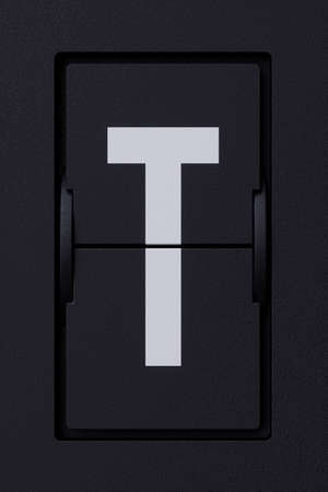 Airport mechanical flip board panel font.  Front view white ABC capital alphabet character letter T on dark background. 3d rendering illustrationの写真素材