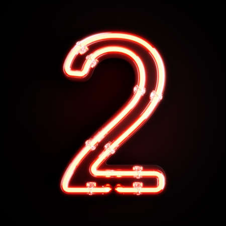 Neon light digit alphabet character 2 two font. Neon tube letter glow effect on orange background. 3d renderingの写真素材