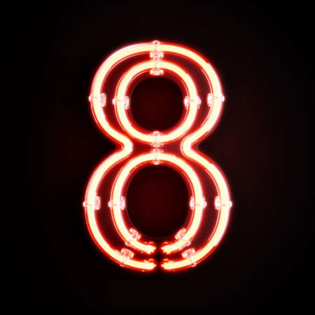 Neon light digit alphabet character 8 eight font. Neon tube letter glow effect on orange background....