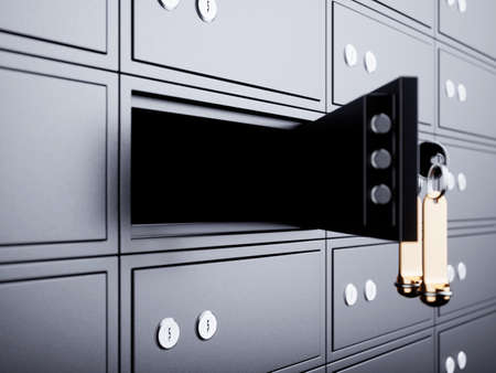 Deposit box opened with key and golden blank label. 3d rendering illustrationの写真素材