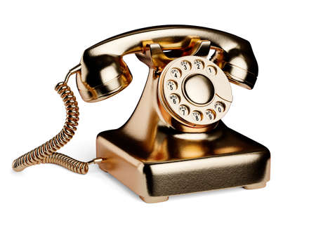 Gold old-fashioned phone isolated on white background. 3d rendering illustrationの写真素材