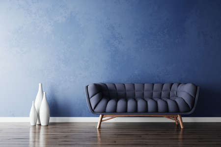 Blue sofa and white vases in new simple living room. 3d rendering illustrationの写真素材