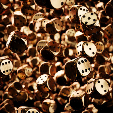 Dices golden fly rolling background. 3d rendering illustrationの写真素材