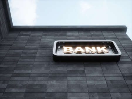 Bank sign on the building side wall. 3d rendering illustrationの写真素材
