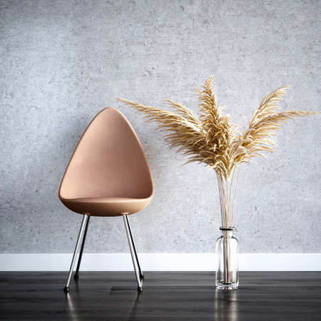 Comfortable armchair with pampas grass vase on grey concrete wall background. 3d rendering modern minimalistic interior conceptの写真素材
