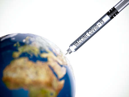 Vaccine Earth planet coronavirus syringes. Covid-19, sars-cov-2 healthcare concept. 3d rendering illustrationの写真素材