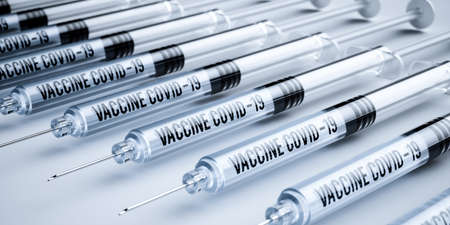 Vaccine coronavirus syringes. Covid-19, sars-cov-2 healthcare concept. 3d rendering illustrationの写真素材