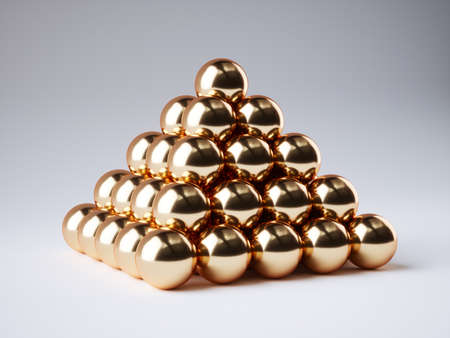 Sphere gold ball pyramid. Business leadership success concept. 3d rendering illustrationの写真素材