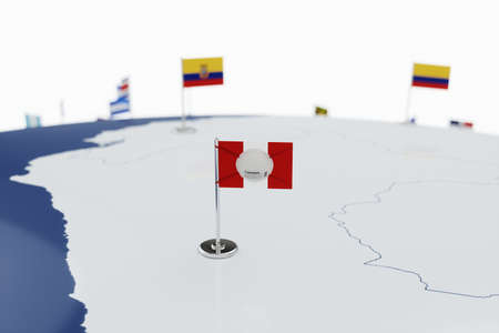 Coronavirus medical surgical face mask on the Peruvian national flag. Illness, pandemic, virus...
